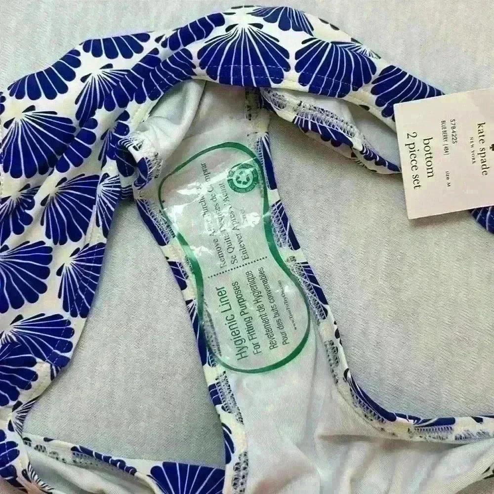 Kate Spade NWT Bikini Set Blueberry Colored Shells on a White Background Size M
